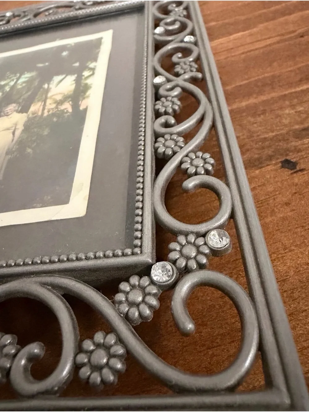 Jeweled Heirloom Faux silver Photo Frame For 4x6” Photo - Vintage Photo Included